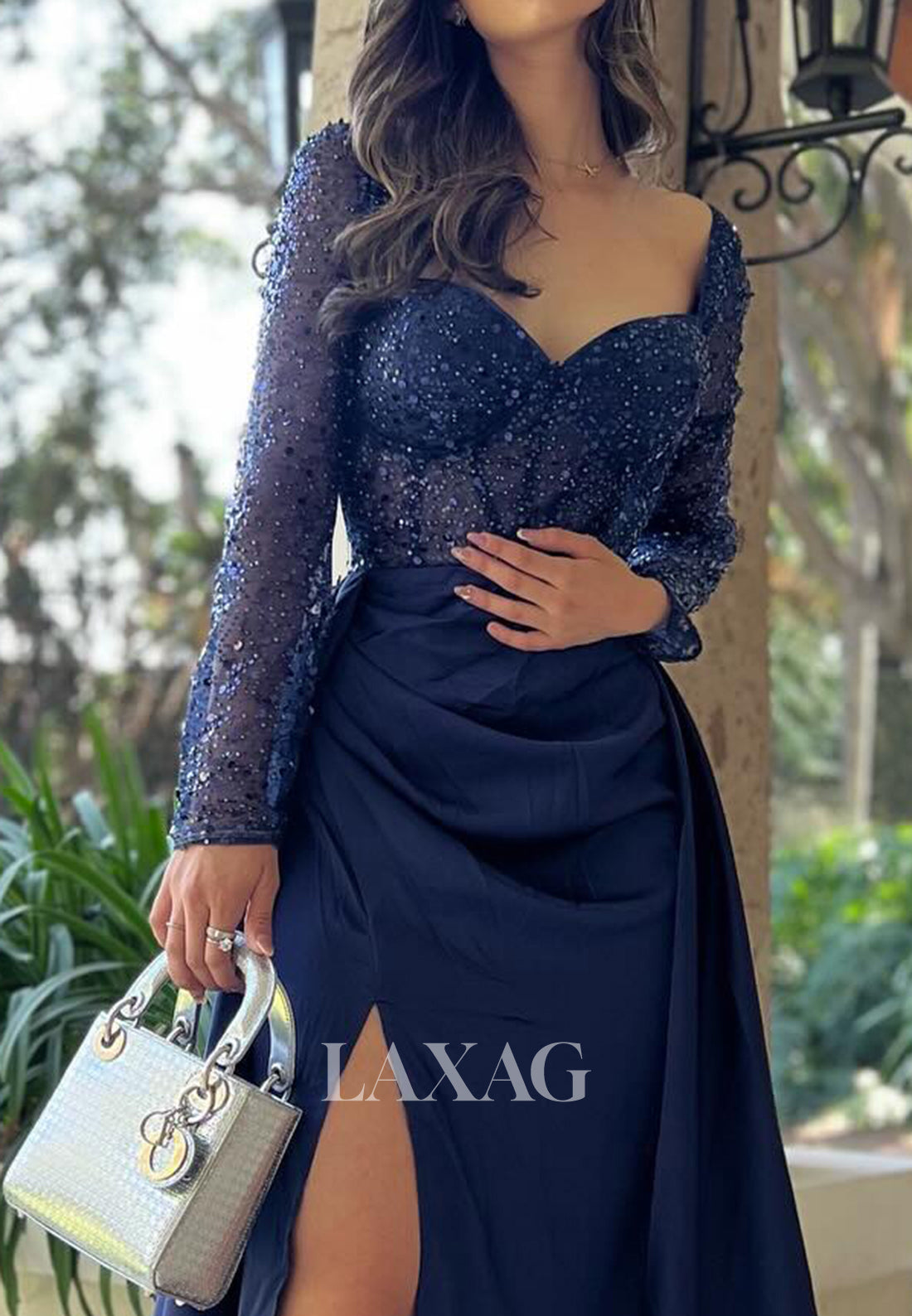 Sweetheart Long-Sleeves Pleated Party Gowns Sequined Beaded Sheer Pleated Mermaid Prom Dress