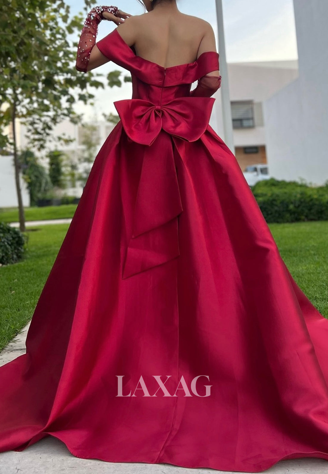 Tube Top Off-Shoulder Pleated Formal Gowns Tulle-Sequined-Long-Sleeves Satin A-Line Prom Dress