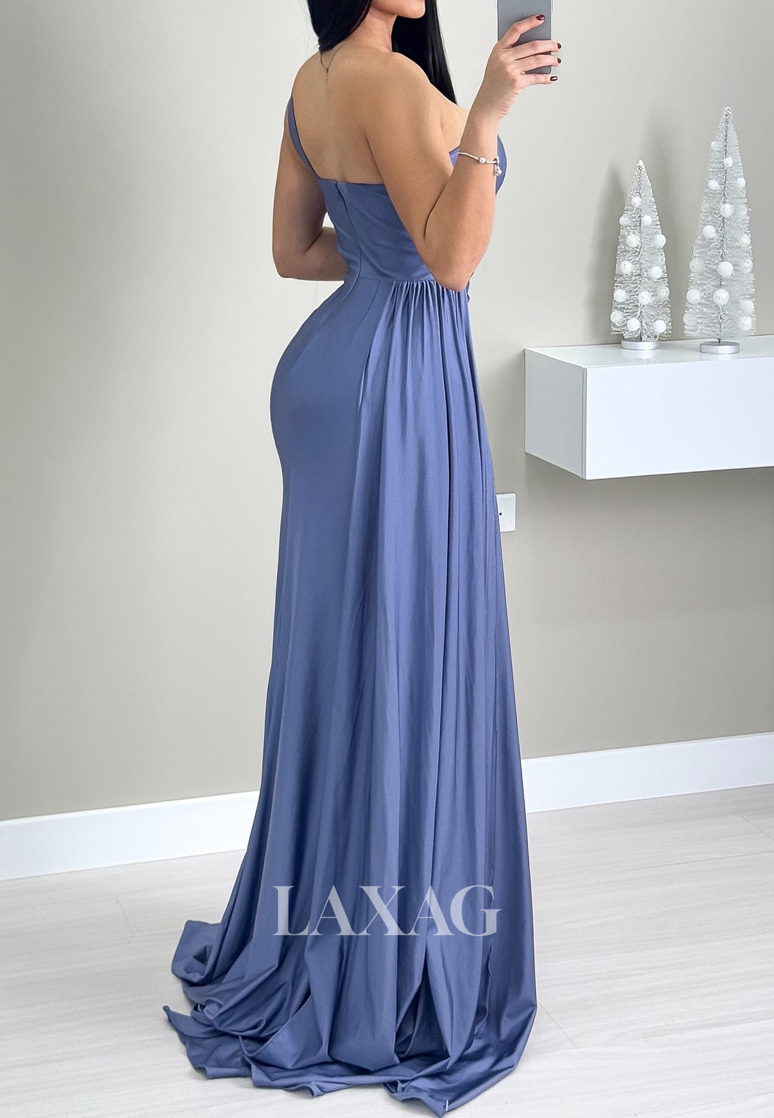 Asymmetrical-Sweetheart One-Strap Sleeveless Pleated Sweep Train Satin Mermaid Prom Dress