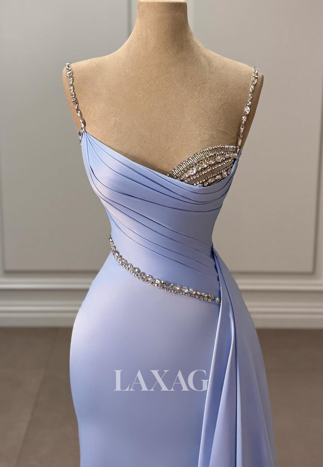 Asymmetrical-Sweetheart Spaghetti Straps Mermaid Prom Dress Sleeveless Beaded Pleated Formal Gowns