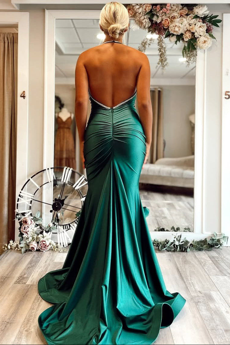Women's Off-Shoulder Satin Beaded Prom Dress Mermaid V-Neck Sleeveless Party Gowns