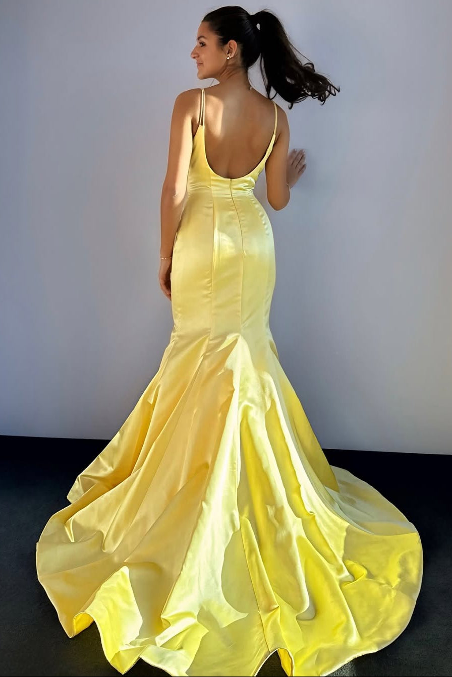 Scoop-Neck Mermaid Satin Prom Dress Long Spaghetti Straps Party Gowns for Women