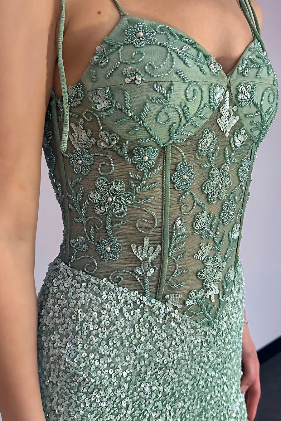 Mermaid Sweetheart Party Dress with Slit Spaghetti Straps Backless Prom Gowns
