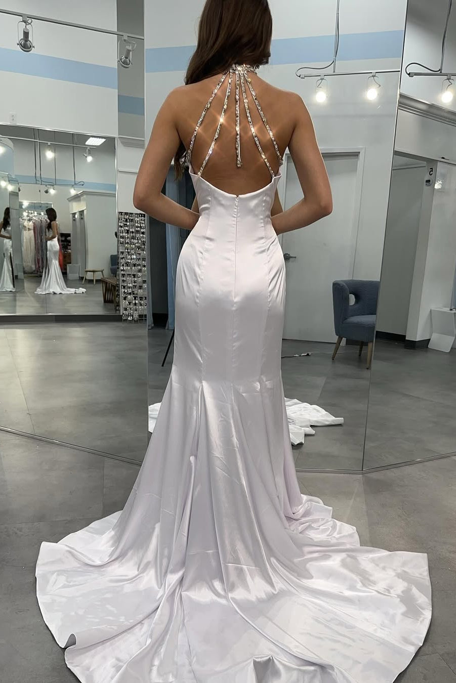 Mermaid Halter-Neck Sleeveless Satin Prom Dress Long Sequin Beaded Party Gowns