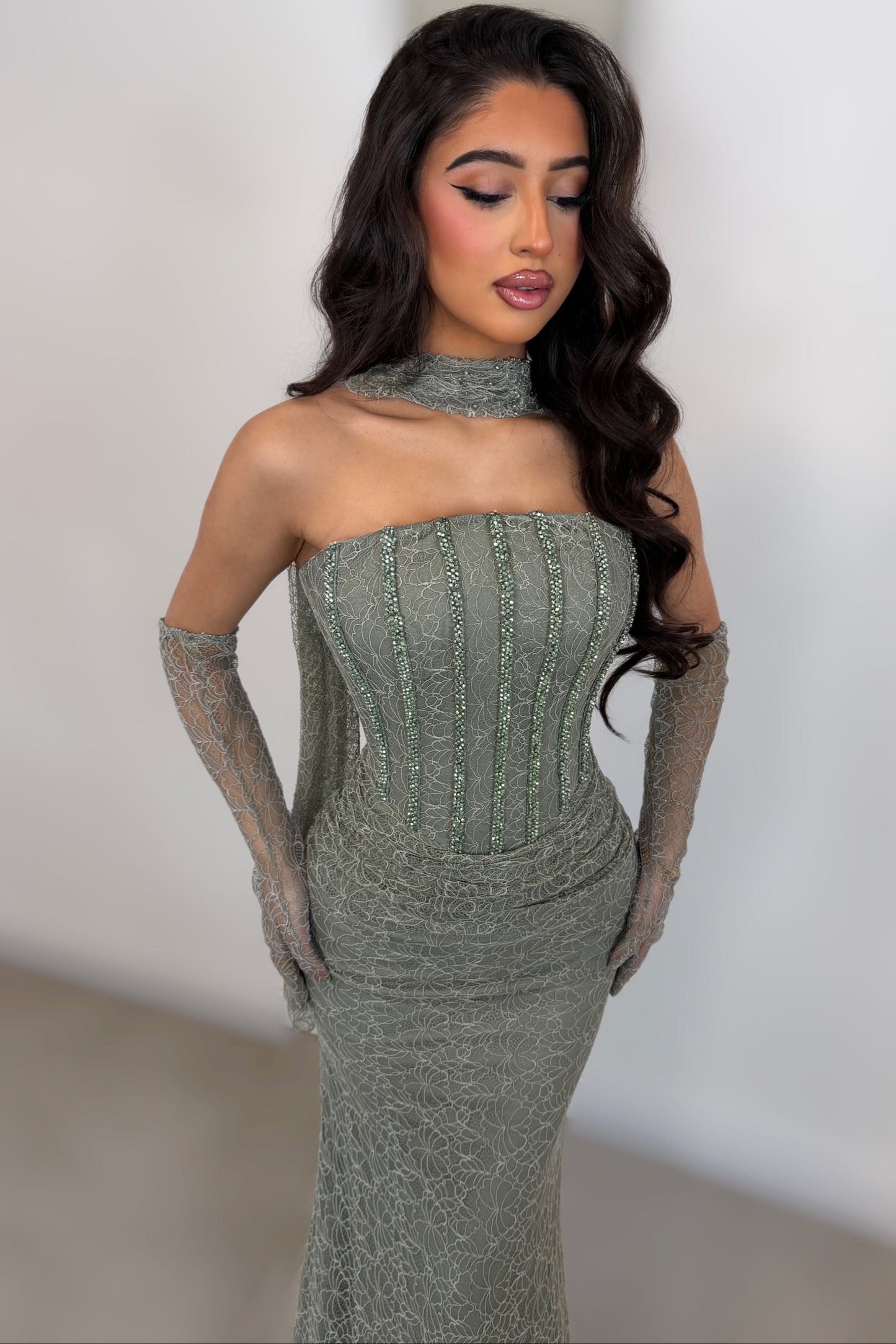 Tube Top Sleeveless Allover Lace Pleated Floor-Length Mermaid Formal Evening Dress