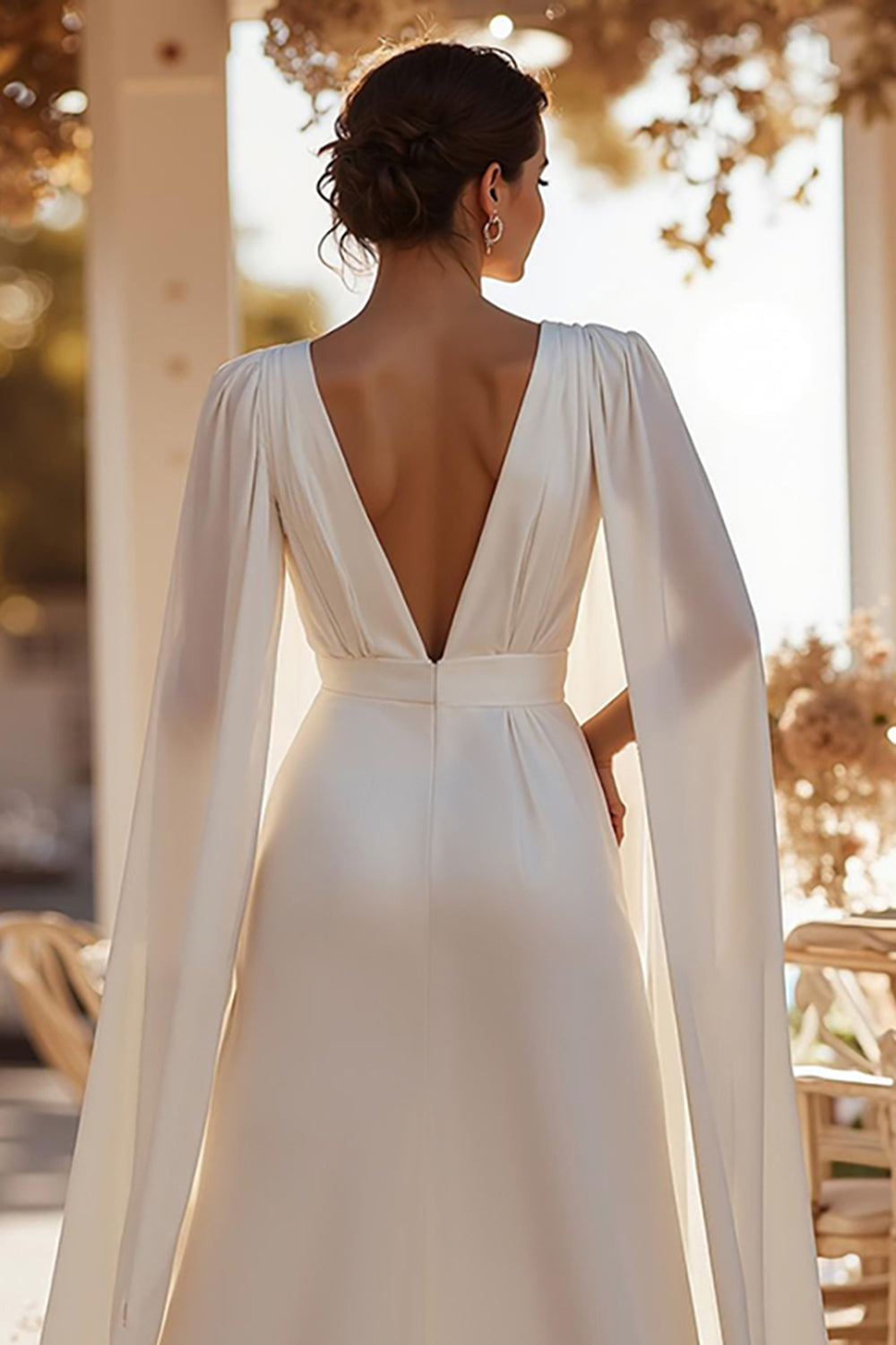 Deep V-Neck Cape-Sleeves Chiffon&Satin Pleated Simple Jumpsuit Wedding Dress