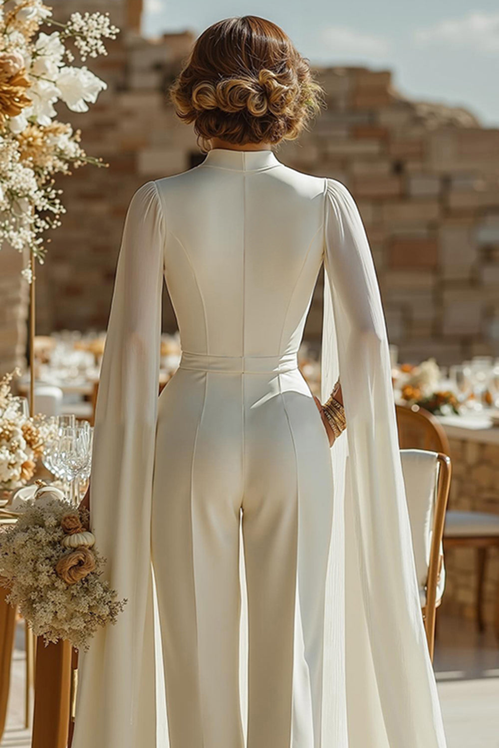 High-Neck Cape-Sleeves Chiffon&Satin Pleated Cut Out Simple Jumpsuit Wedding Dress
