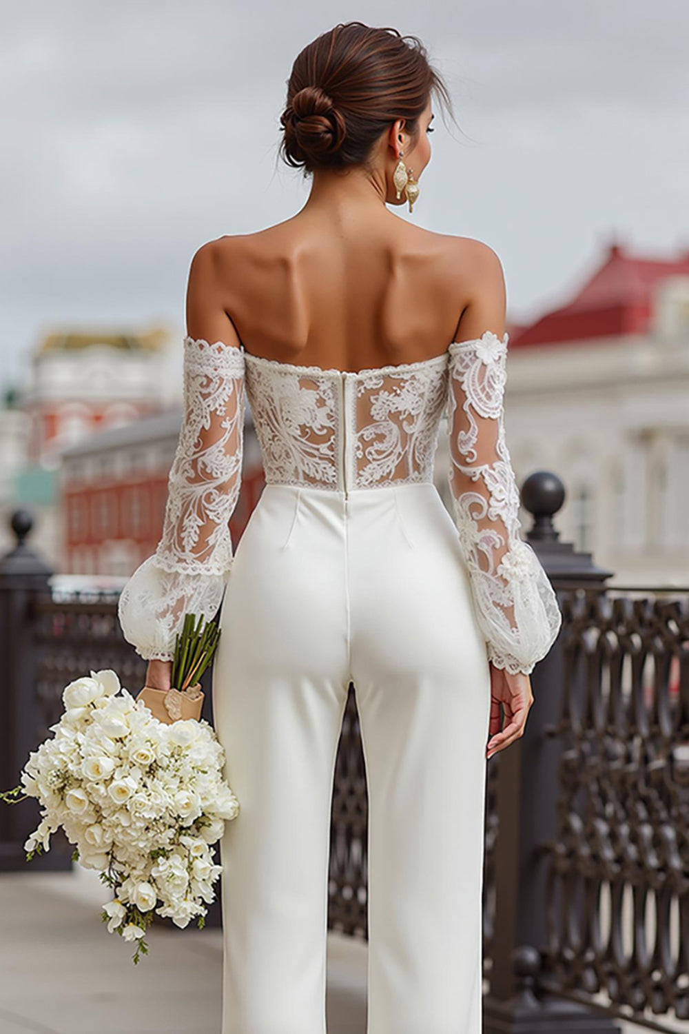 Sweetheart Long-Sleeves Lace Applique Tulle&Satin Sheer Jumpsuit Wedding Dress
