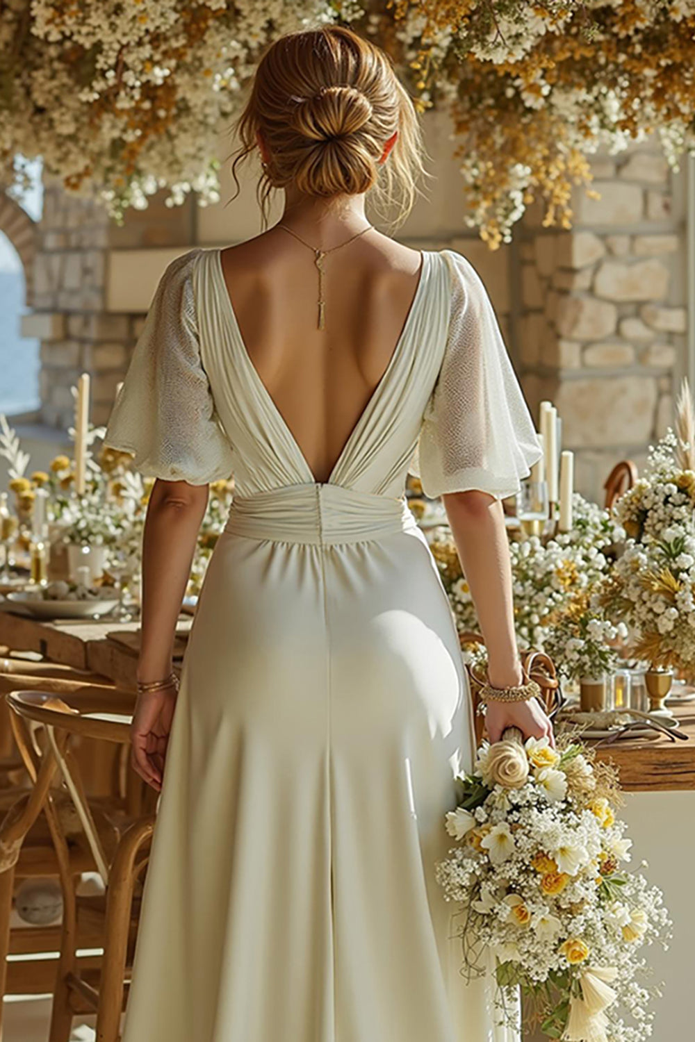 Deep V-Neck Short-Sleeves Chiffon&Satin Pleated Jumpsuit Wedding Dress with Sweep Train