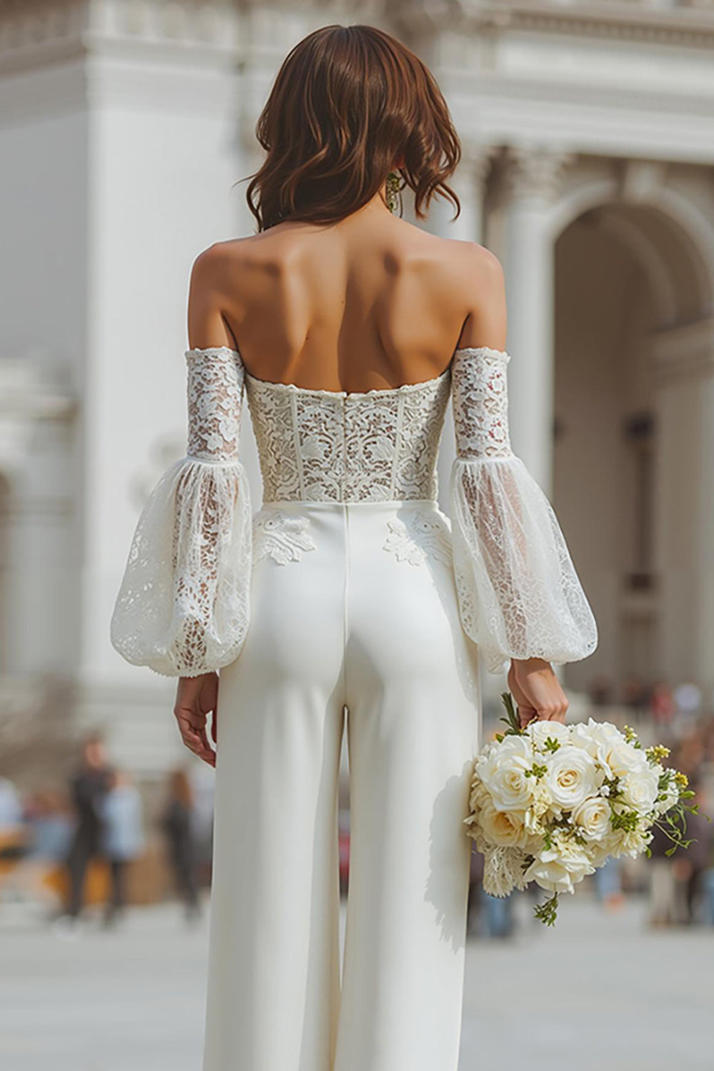 Sweetheart Long-Bell-Sleeves Lace Applique Tulle&Satin Sheer Jumpsuit Wedding Dress