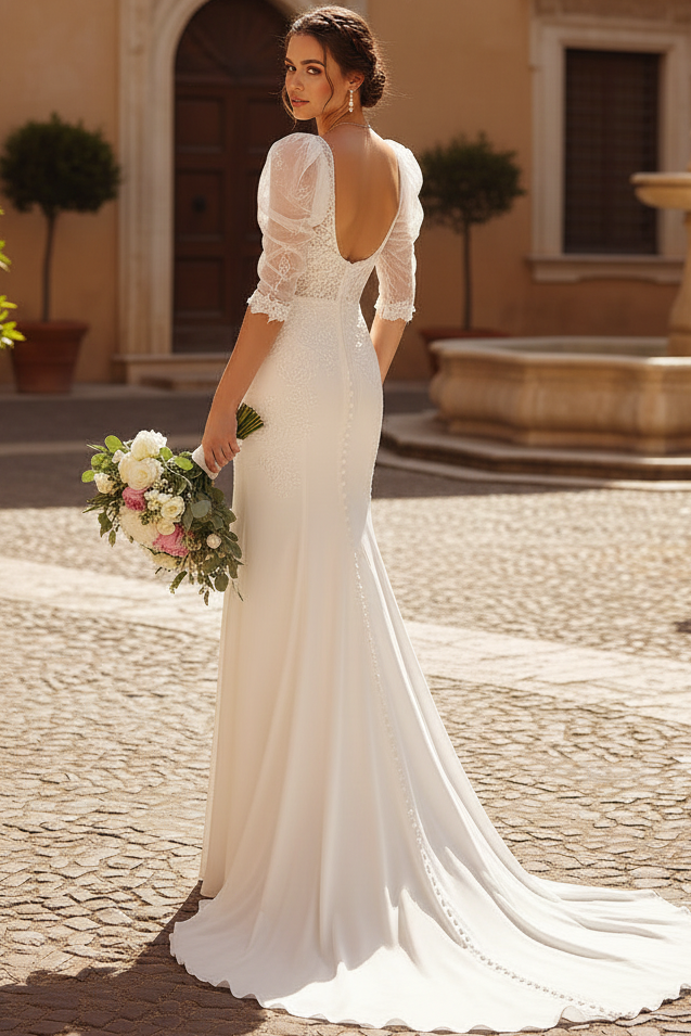V-Neck Half-Sleeves Lace Applique Chiffon&Tulle Pleated Sweep Train Mermaid Wedding Dress