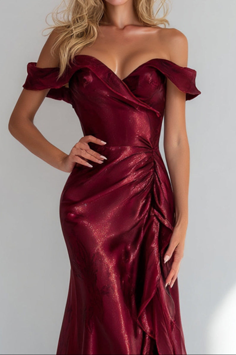 Sweetheart Off-Shoulder Sleeveless Ruffled Chiffon Pleated Floor-Length Mermaid Prom Dress