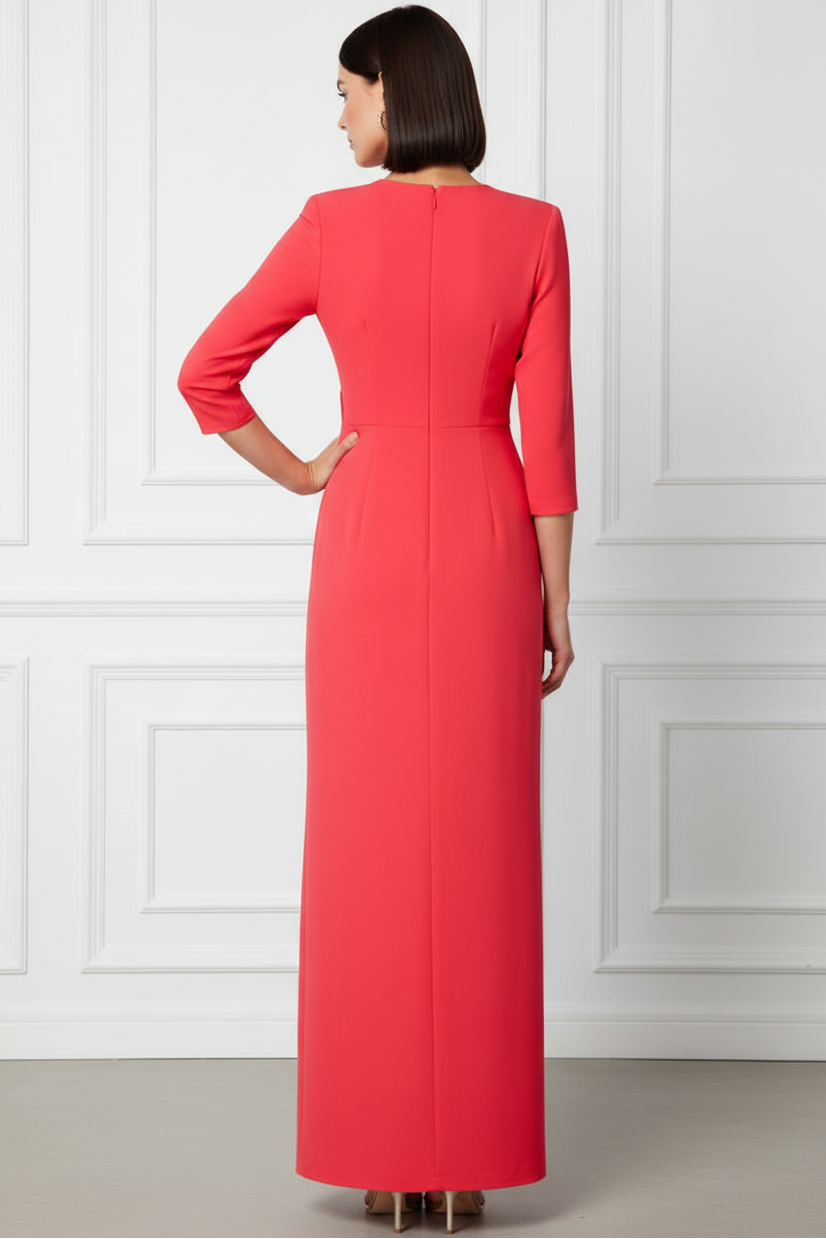 V-Neck 3/4-Sleeves Floor-Length Beaded Chiffon Pleated Fitted Wedding Guest Dress