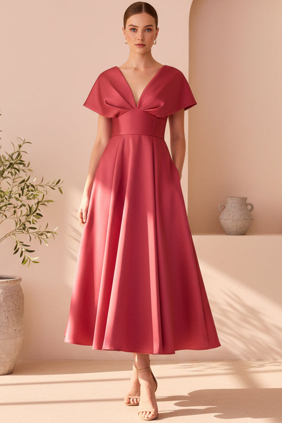 Simple V-Neck Cap-Sleeves Satin Pleated Ankle-Length A-line Cocktail D Laxag Simple V-Neck Cap-Sleeves Satin Pleated Ankle-Length A-line Cocktail D Laxag