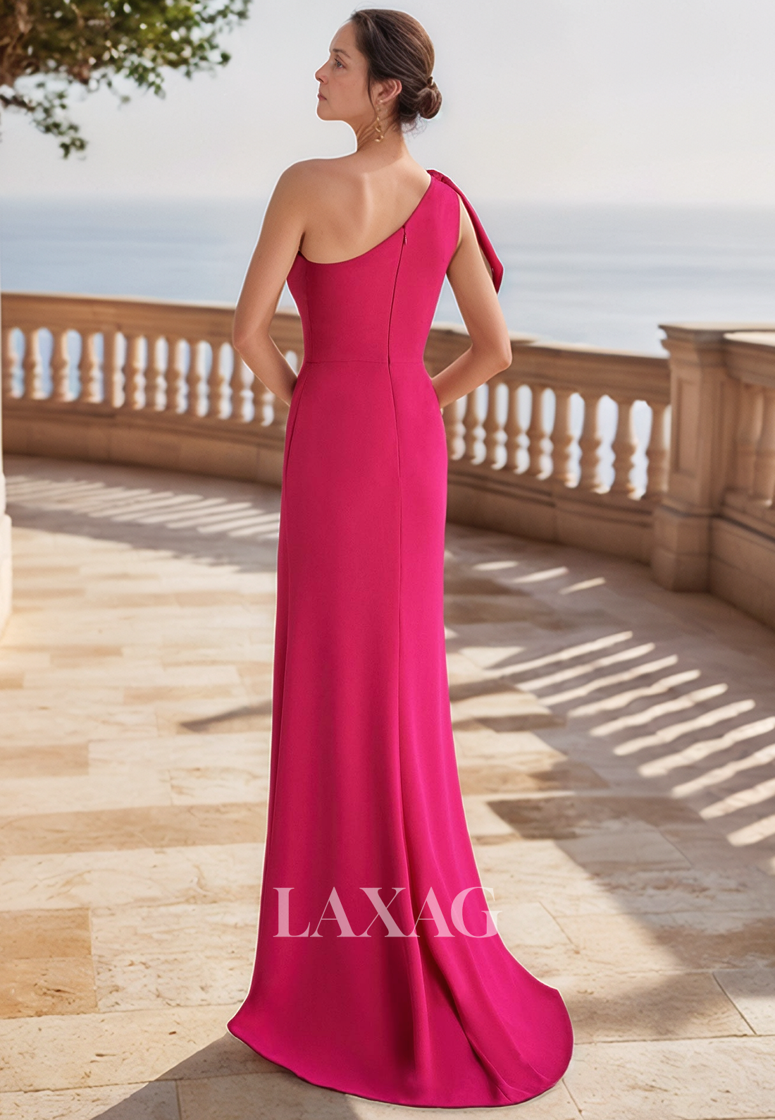 Asymmetrical-Neck Sleeveless High Slit Cocktail Gowns Pleated Satin Mermaid Mother of the Bride Dress