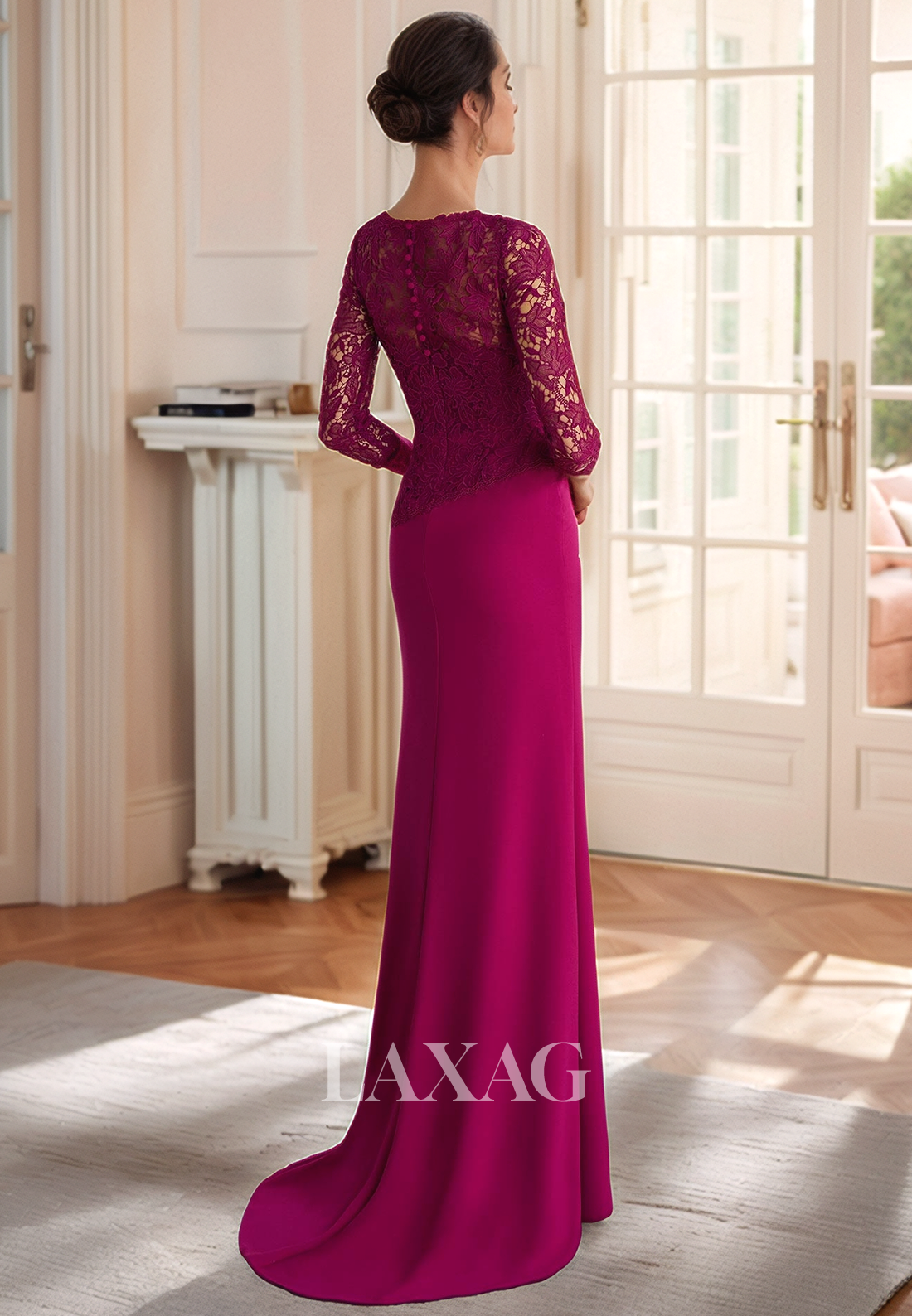 3/4-Sleeves Lace Applique Satin Cocktail Gowns Scoop-Neck Floor-Length Mermaid Mother of the Bride Dress