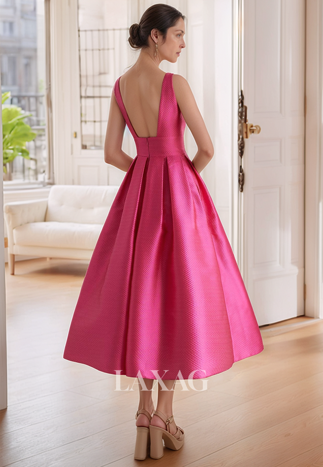 Square-Neck Straps Off-Shoulder Cocktail Gowns Sleeveless Pleated Midi A-Line Mother of the Bride Dress