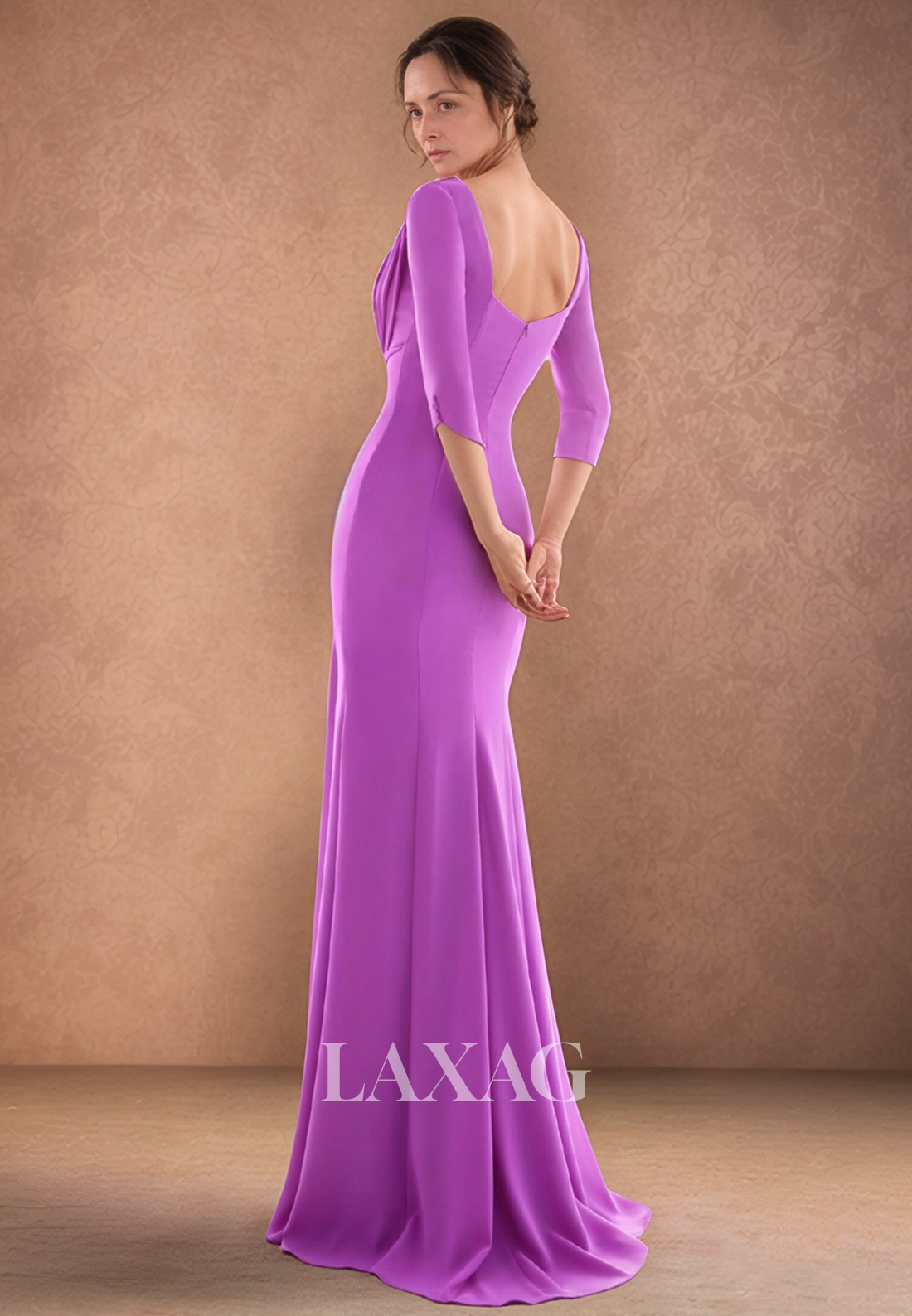 Bateau-Neck 3/4-Sleeves Floor-Length Pleated Chiffon Mermaid Mother of the Bride Dress