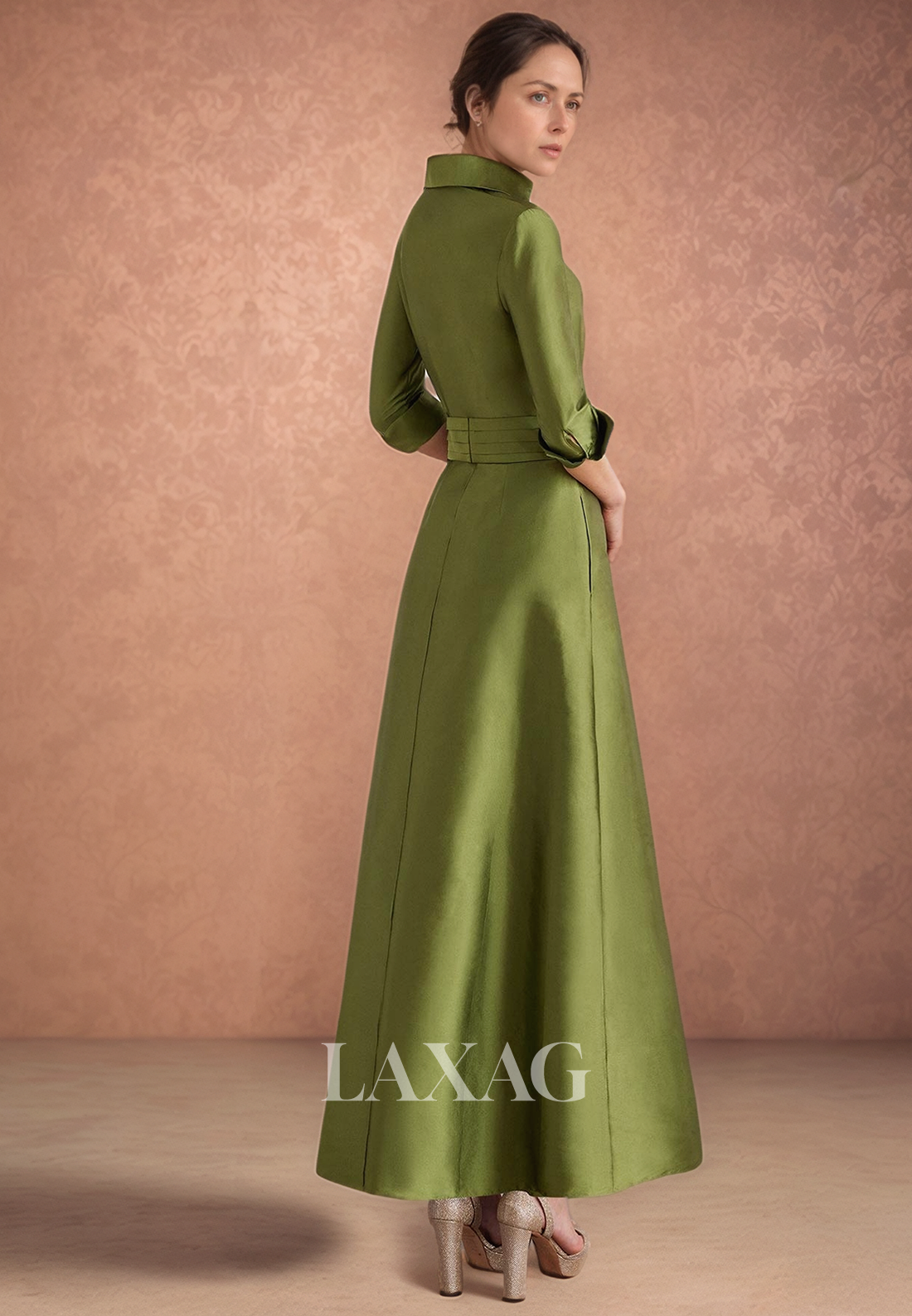 Long-Sleeves Ankle-Length Pleated Satin A-Line Formal Mother of the Bride Gowns