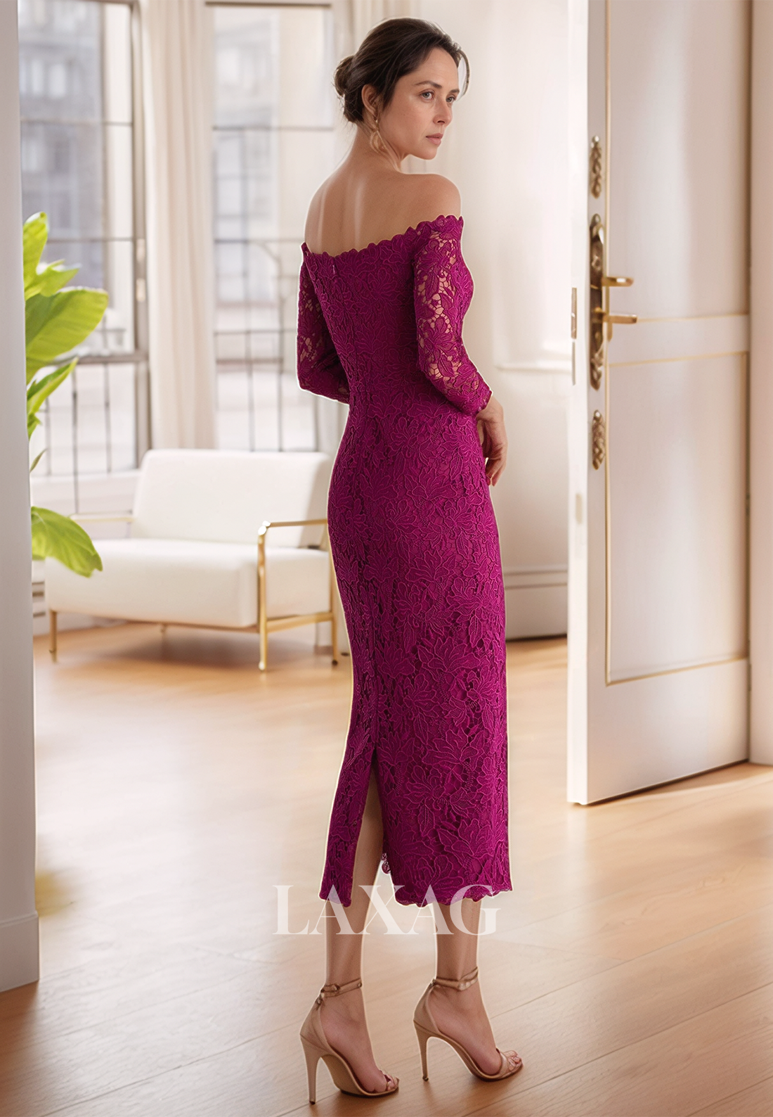 Tube Top Off-Shoulder Midi Mermaid Mother of the Bride Gowns Long-Sleeves Allover Lace Applique Cocktail Dress