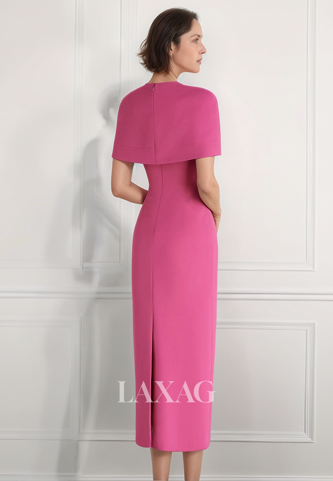 فساتين أم العروس حورية البحر متوسطة الطول بدون أكمام ورقبة دائرية وأكتاف مكشوفة وأشرطة بسيطة مع طبقة خارجية