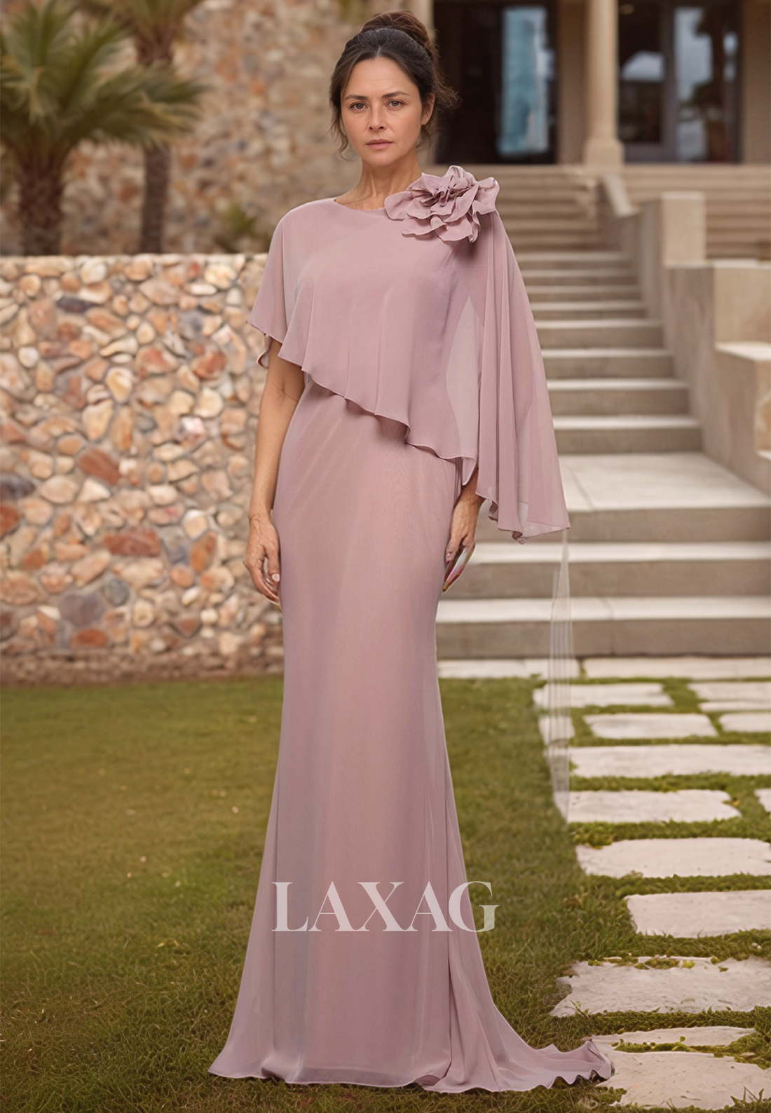 Scoop-Neck Sleeveless Mermaid Mother of the Bride Dress Pleated Chiffon Cocktail Dress with Overlay