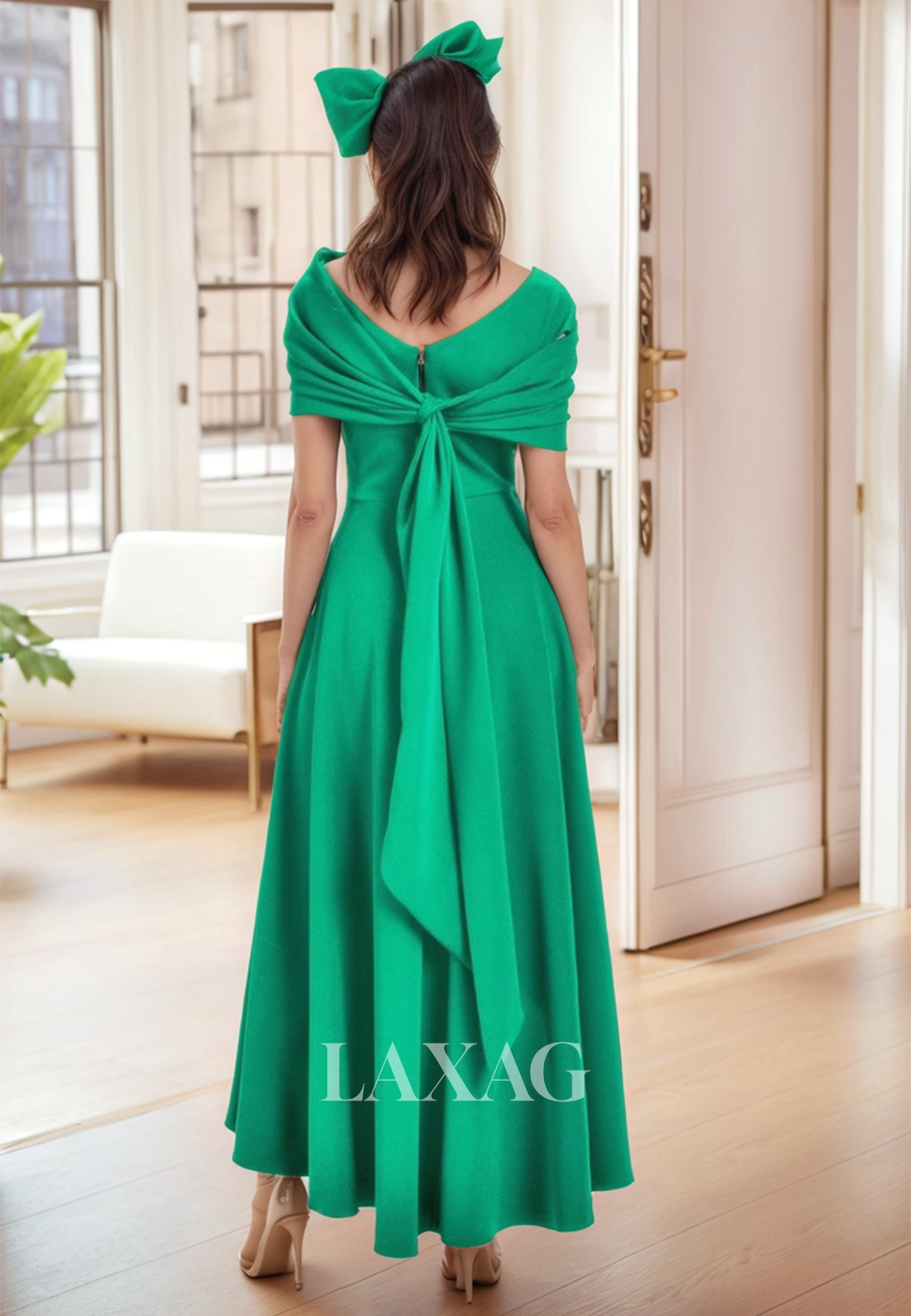 V-Neck Cap-Leeves Pleated Cocktail Gowns Satin Ankle-Length Fitted Mother of the Bride Dress with Bow