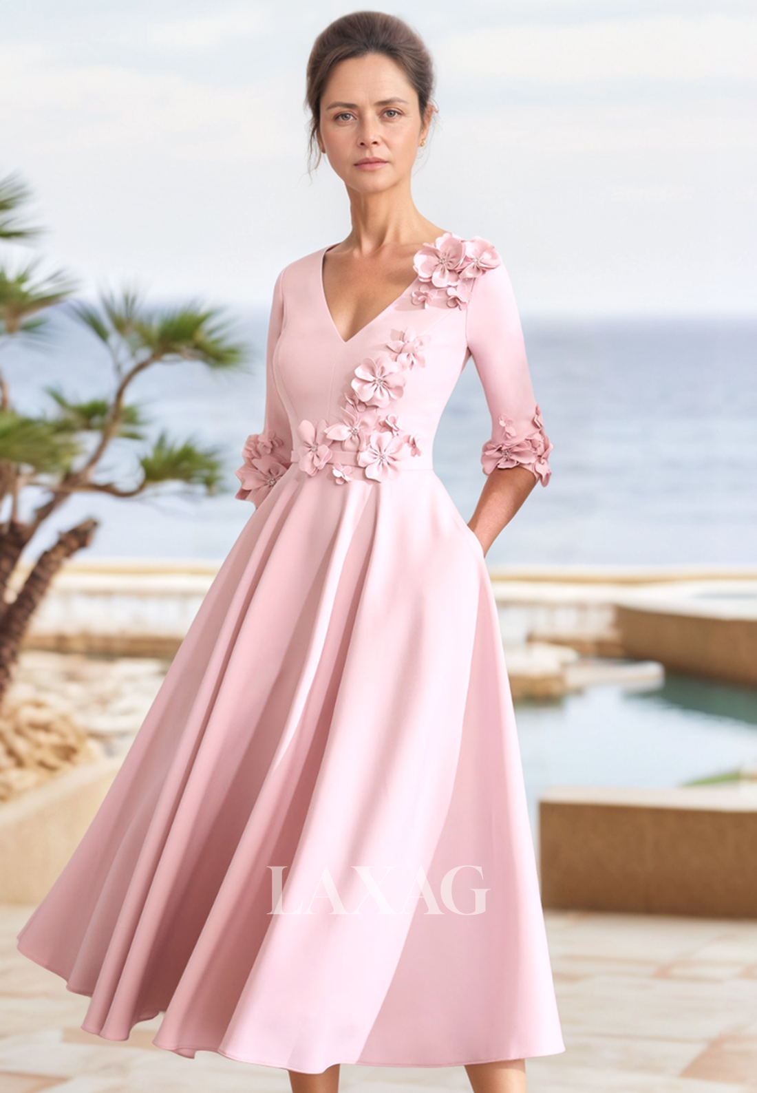 V-Neck Half-Sleeves A-Line Mother of the Bride Dress Floral Embellished Midi Cocktail Gowns