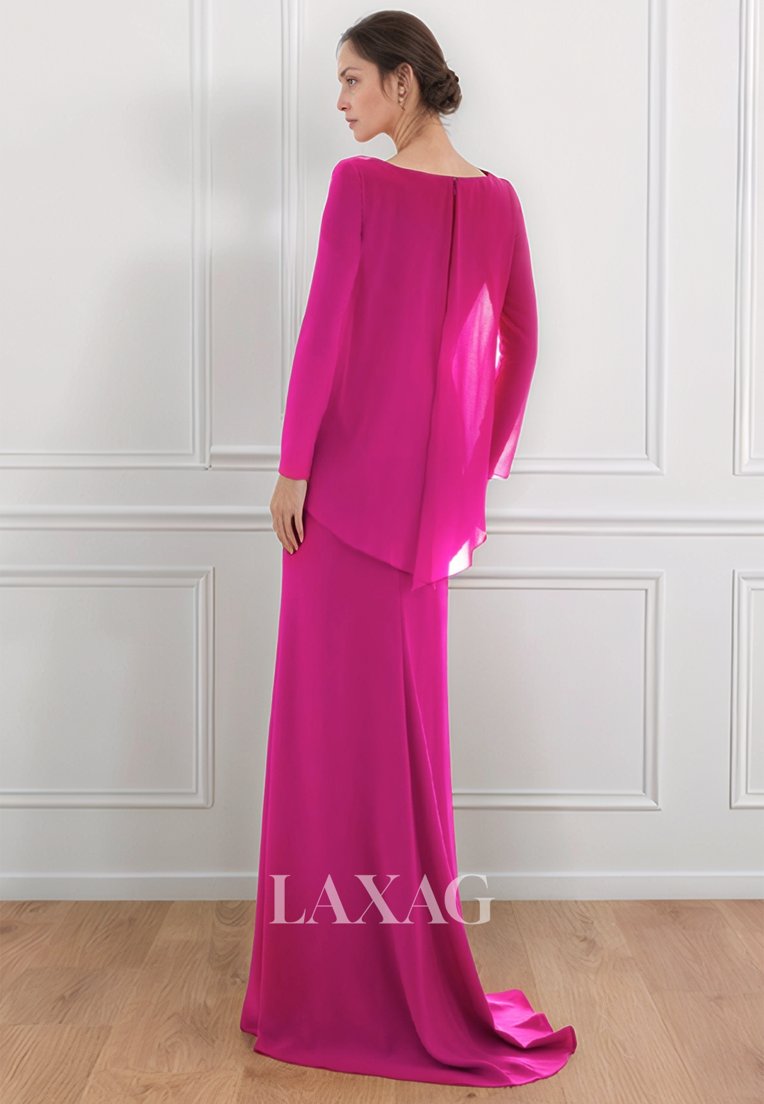 فستان كوكتيل بأكمام طويلة ورقبة دائرية وطول يصل إلى الأرض من الشيفون مناسب لأم العروس