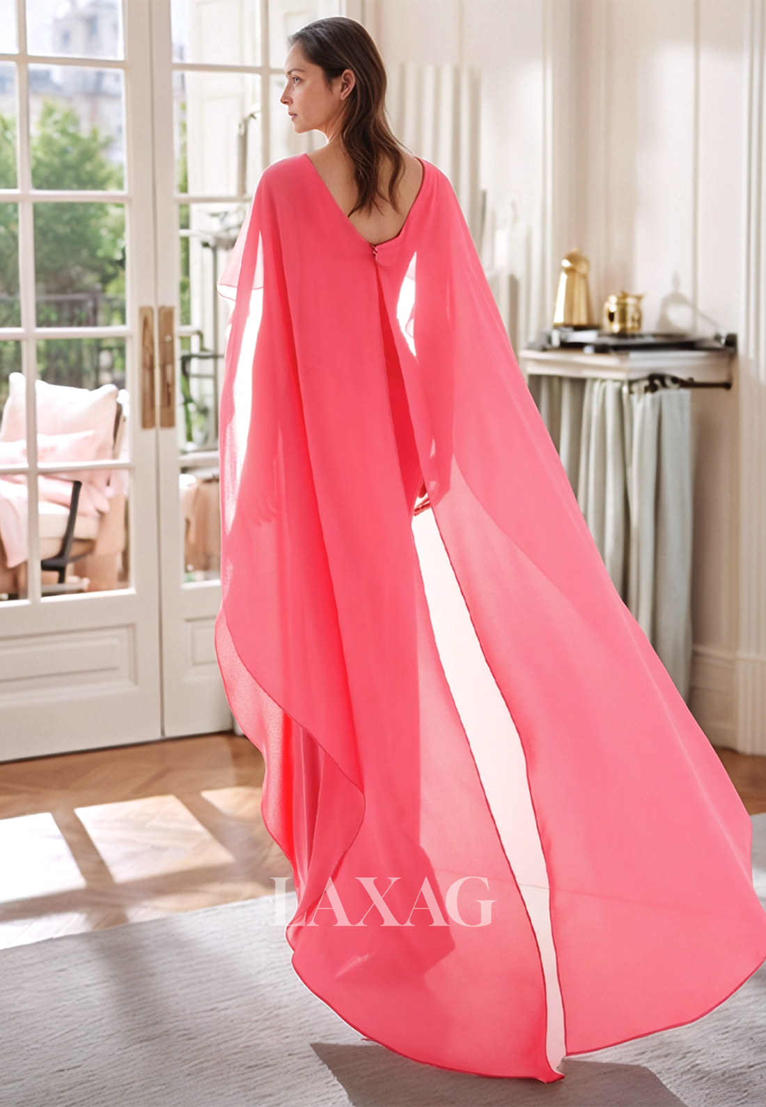 Deep V-Neck Sleeveless Cocktail Gowns Pleated Sweep Train Chiffon Fitted Mother of the Bride Dress