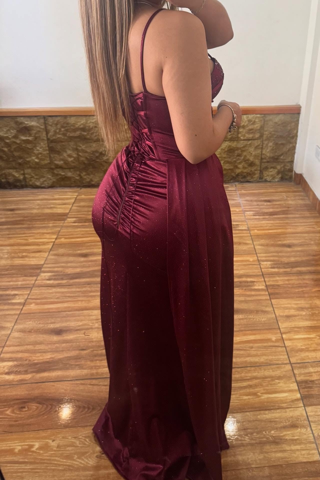 Sweetheart Beaded Satin Pleated Prom Dress Spaghetti Straps Sleeveless Gowns with Slit