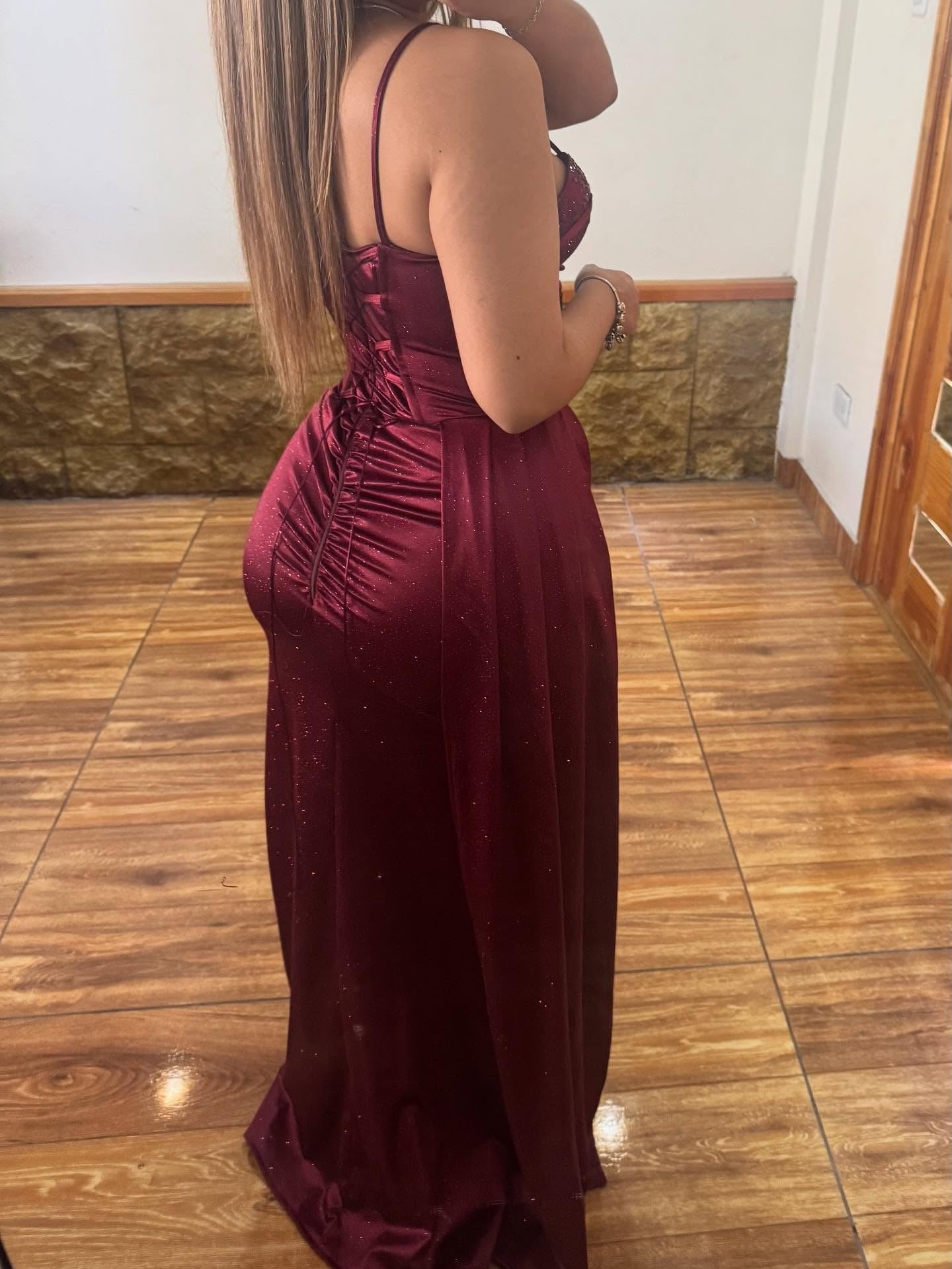 Sweetheart Beaded Satin Pleated Prom Dress Spaghetti Straps Sleeveless Gowns with Slit