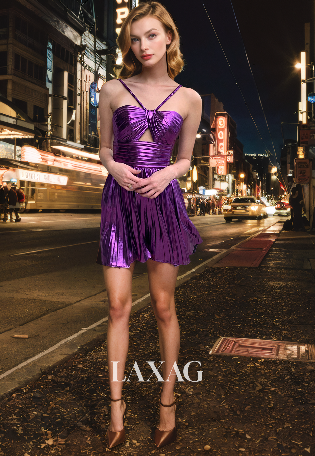 فستان أنيق معدني بفتحة رقبة على شكل حرف A لحفلات العودة للمدرسة