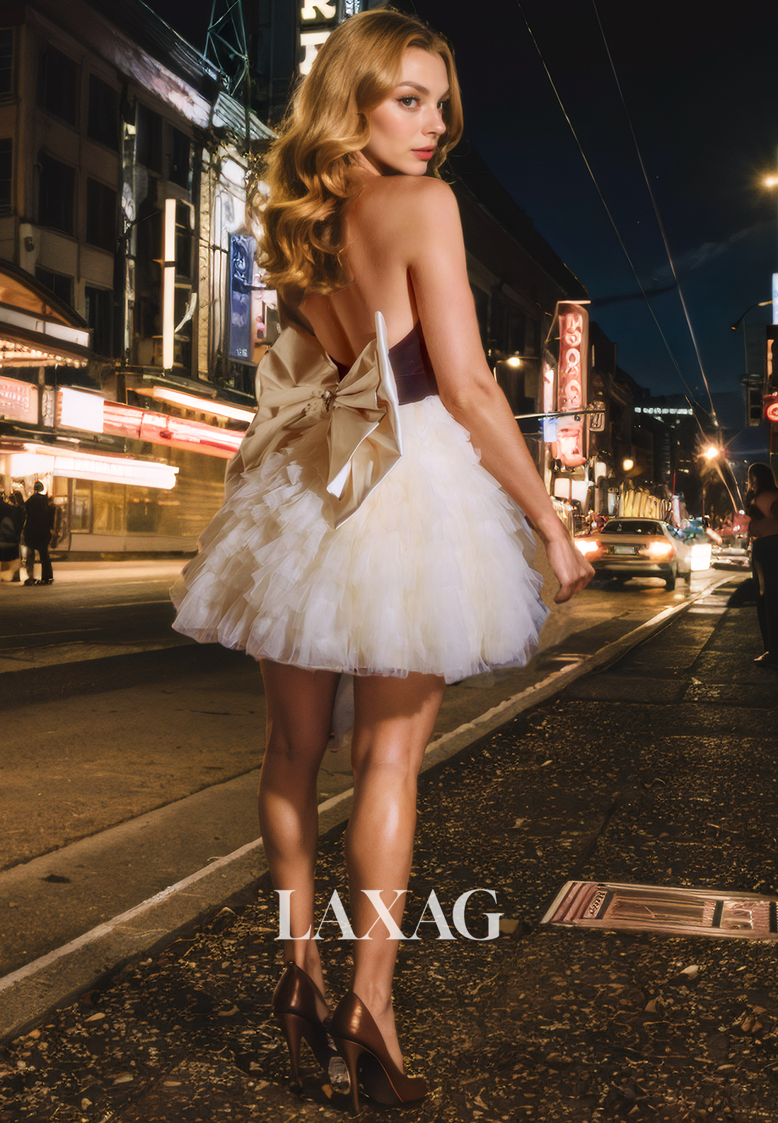 فستان سهرة أنيق من التول الساتان بفتحة رقبة على شكل حرف V وظهر مكشوف لحفلة العودة للمدرسة