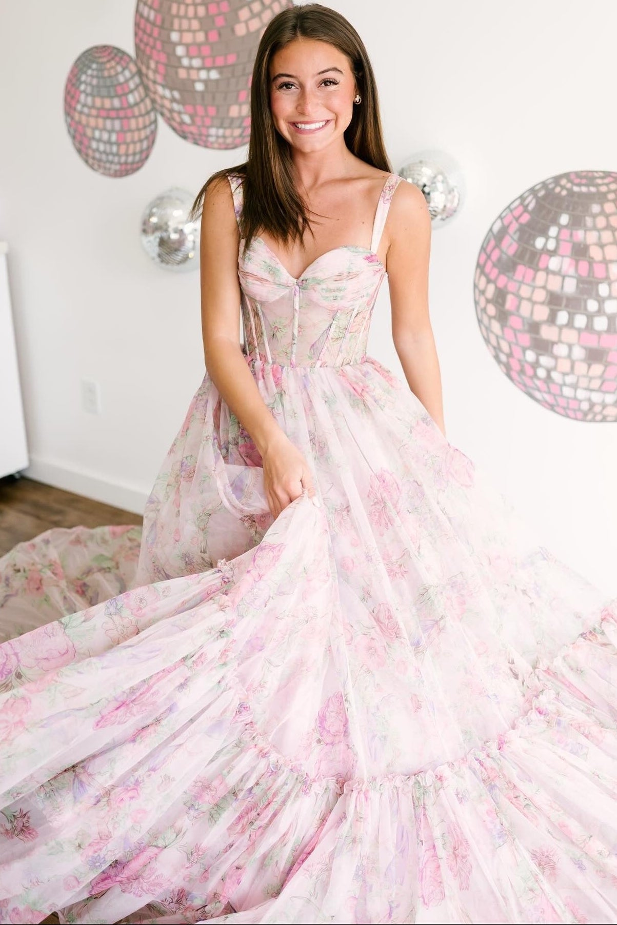 Women's Chiffon Floral Print A-Line Long Prom Dress Sweetheart Spaghetti Straps Party Gowns