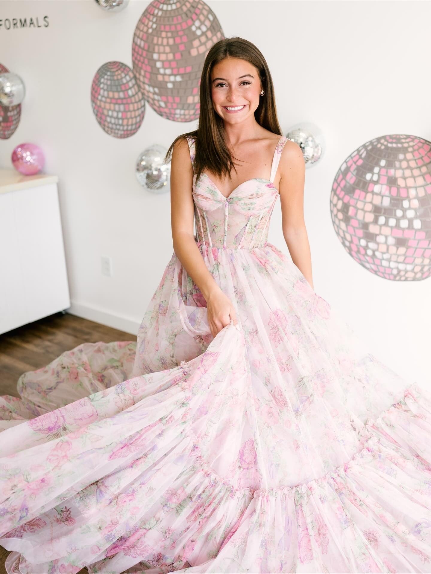 Women's Chiffon Floral Print A-Line Long Prom Dress Sweetheart Spaghetti Straps Party Gowns