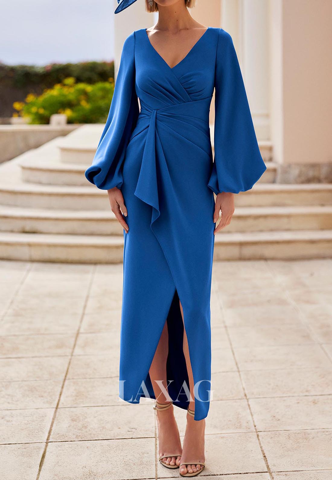 V-Neck Long-Sleeves Pleated Ankle-Length Satin Fitted Mother of the Bride Dress with Slit V-Neck Long-Sleeves Pleated Ankle-Length Satin Fitted Mother of the Bride Dress with Slit