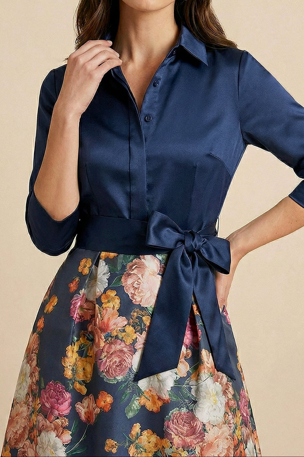 A-Line Collared 3/4-Sleeves Print-Satin Pleated Floor-Length Formal Cocktail Dress