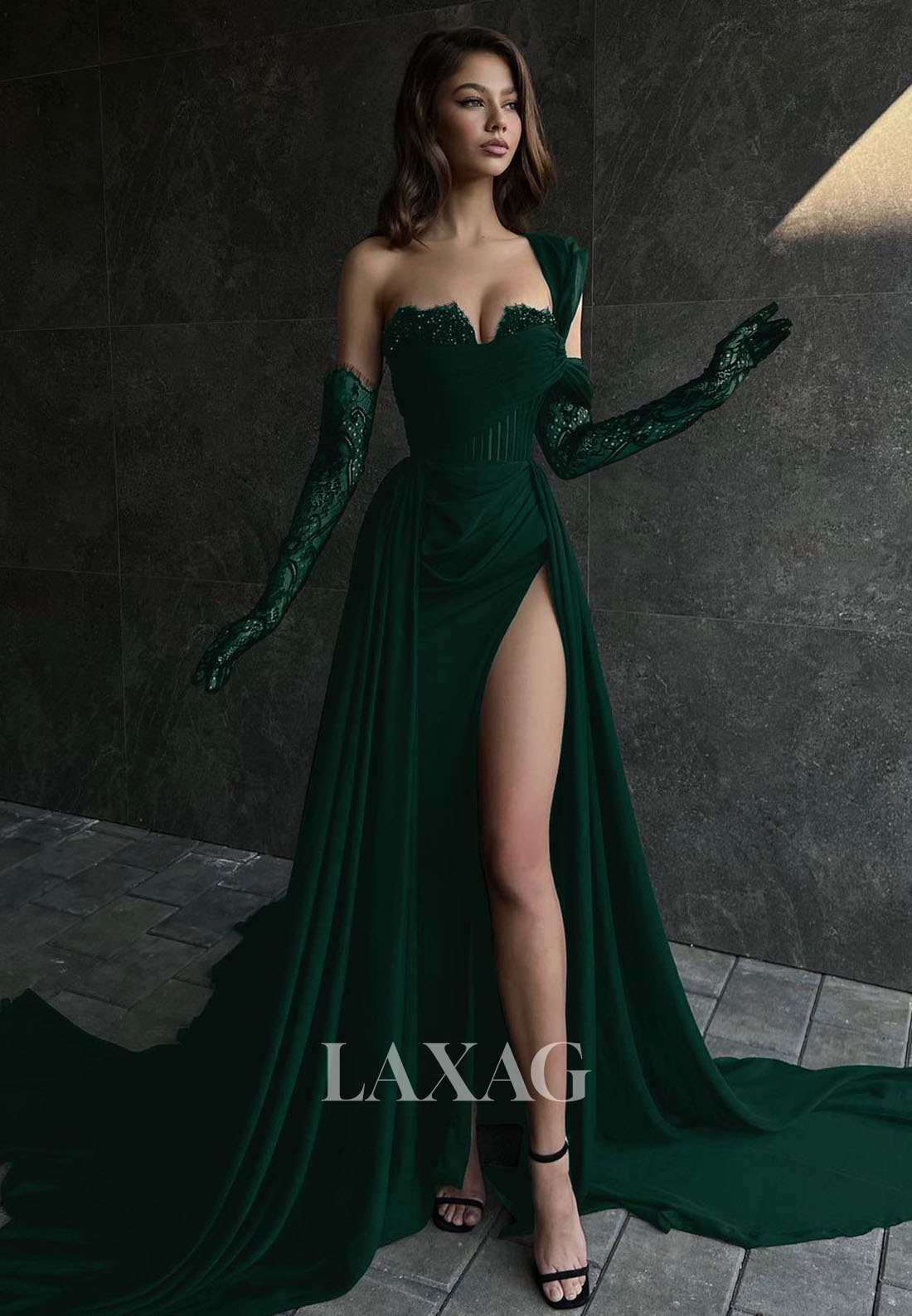 Sweetheart Off-Shoulder Pleated Evening Gowns Lace Gloves Beaded High Slit A-Line Prom Dress