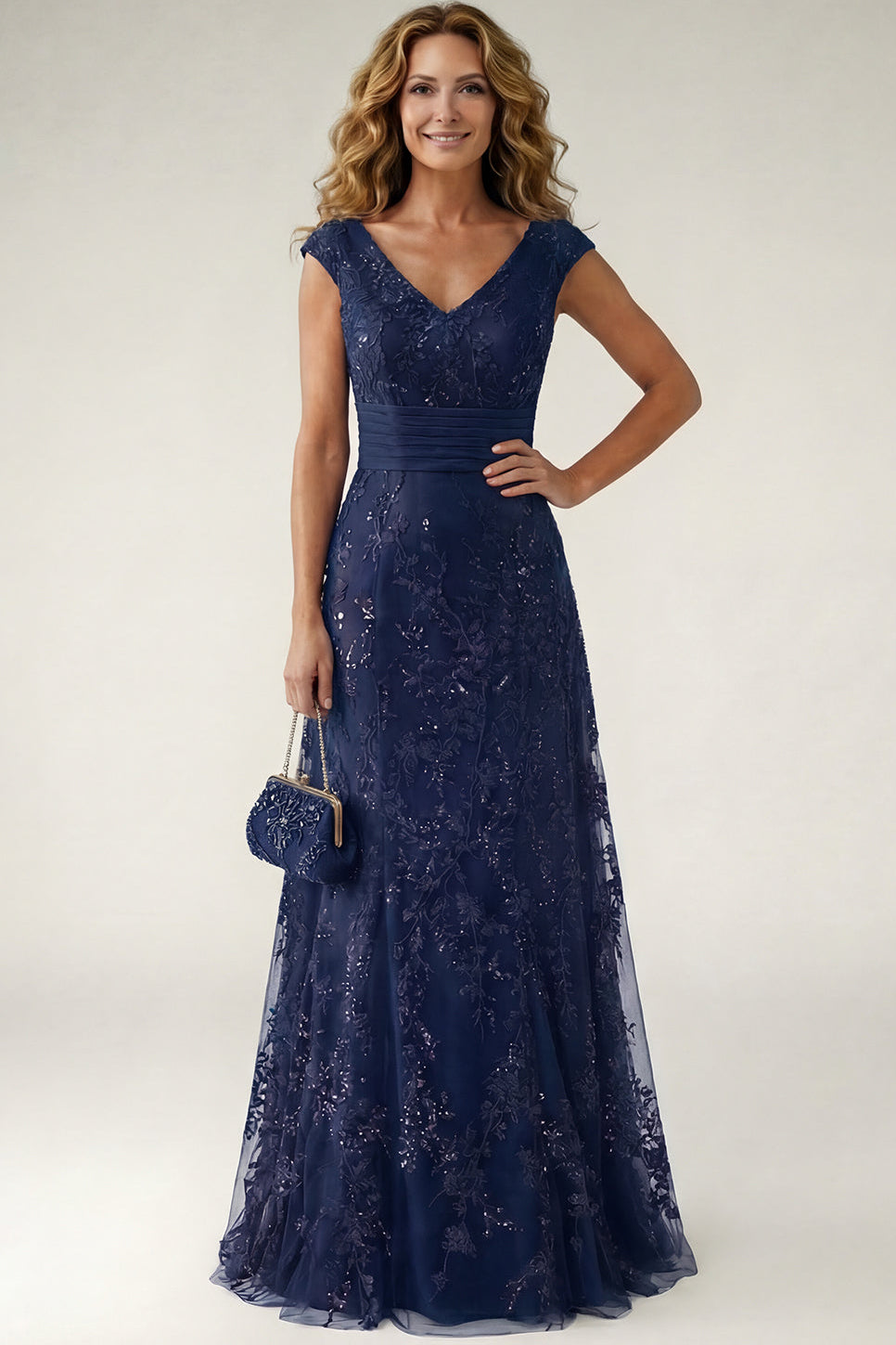 V-Neck Cap-Sleeves Fully Sequined Applique Satin&Tulle A-Line Mother of the Bride Dress