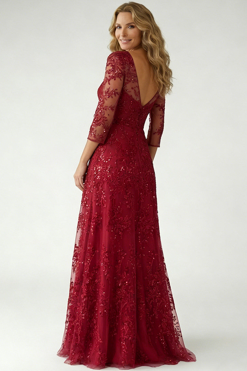 V-Neck Half-Sleeves Floor-Length Fully Sequined Applique Tulle A-Line Mother of the Bride Dress