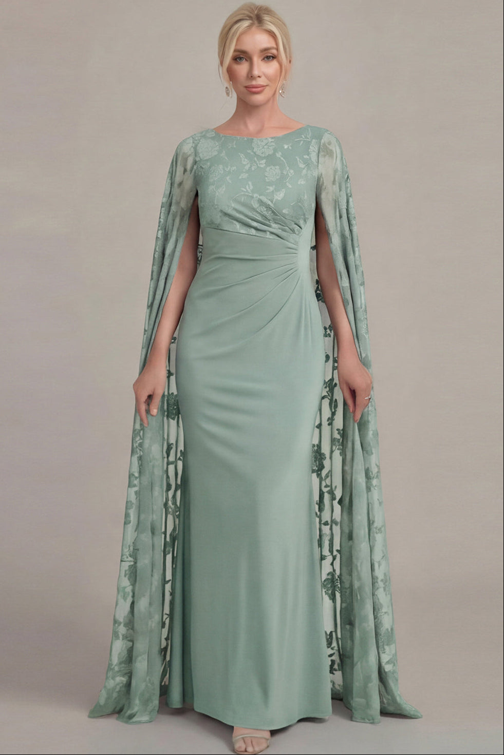 Scoop-Neck Cape-Sleeves Floor-Length Applique Chiffon&Tulle Mermaid Mother of the Bride Dress