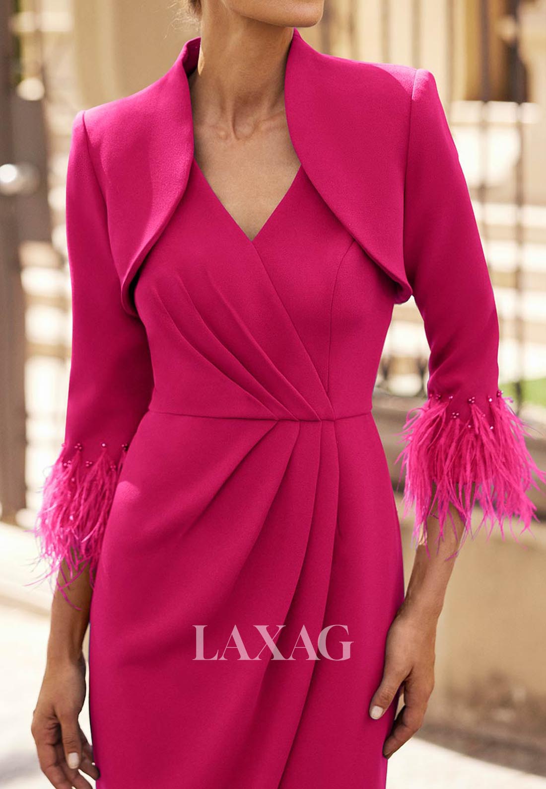 Short-Sleeves V-Neck Mermaid Mother of the Bride Dress Pleated Knee-Length Cocktail Gowns with Coat