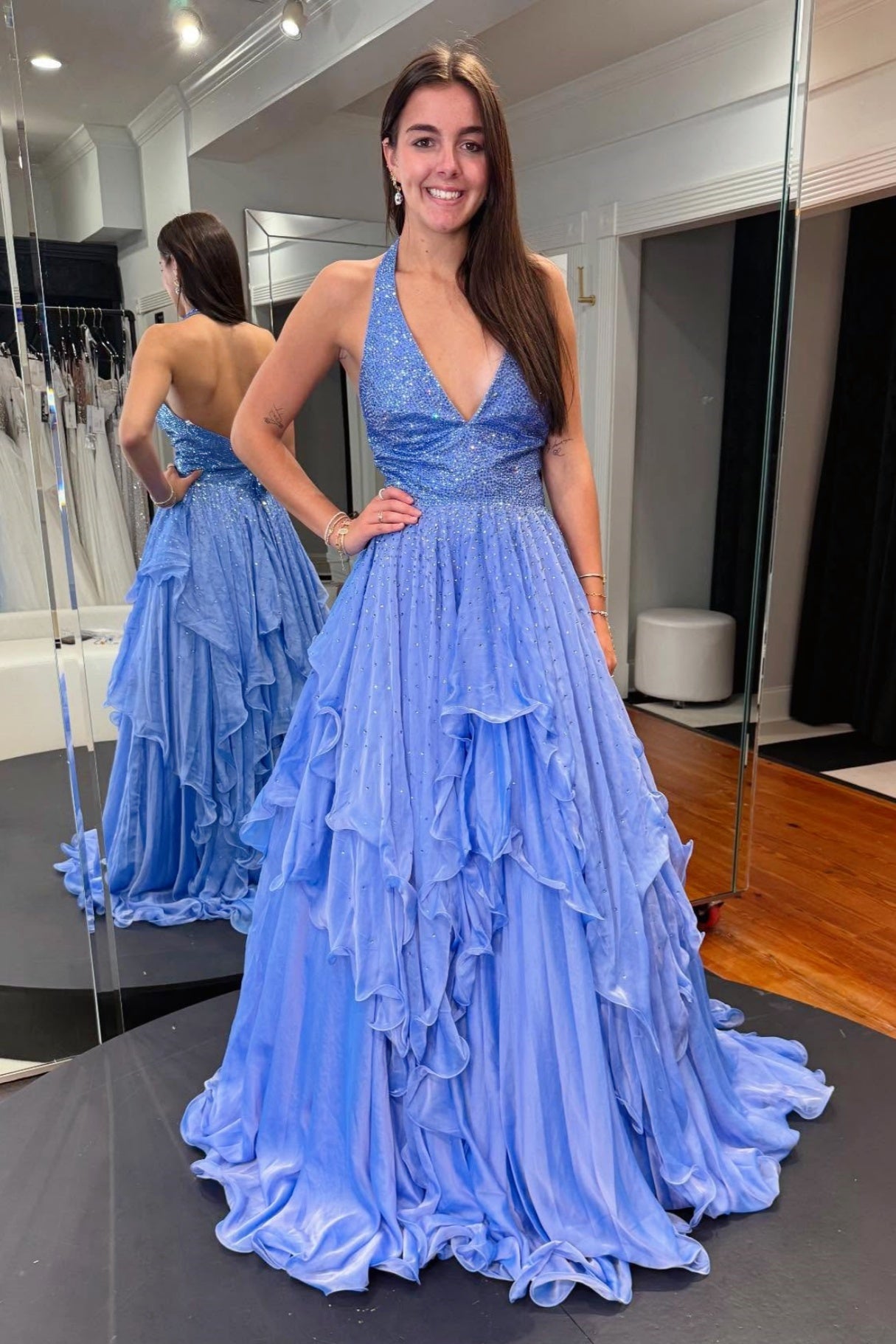 Halter Deep V-Neck Fully Sleeveless Beaded Chiffon Pleated Tiered A-Line Prom Dress