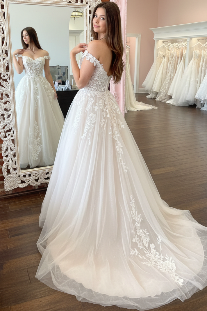 Off-Shoulder Sweetheart Sleeveless Lace Applique Tulle Pleated A-line Wedding Dress