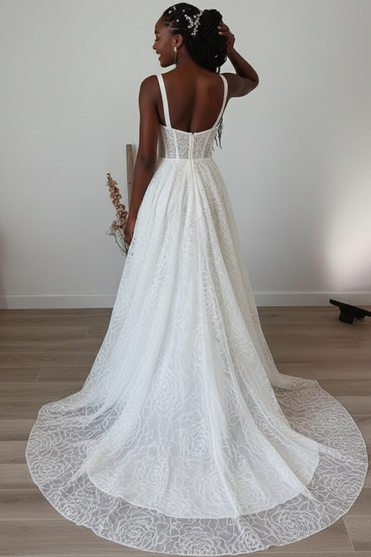 Sweetheart Straps Sleeveless Lace Pleated Sweep Train A-line Wedding Dress with High Slit