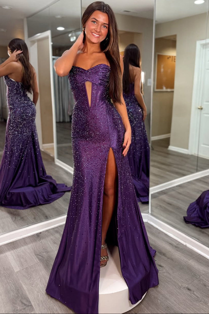 Sweetheart Off-Shoulder Sleeveless Fully Beaded Satin Pleated Mermaid Prom Dress with High Slit