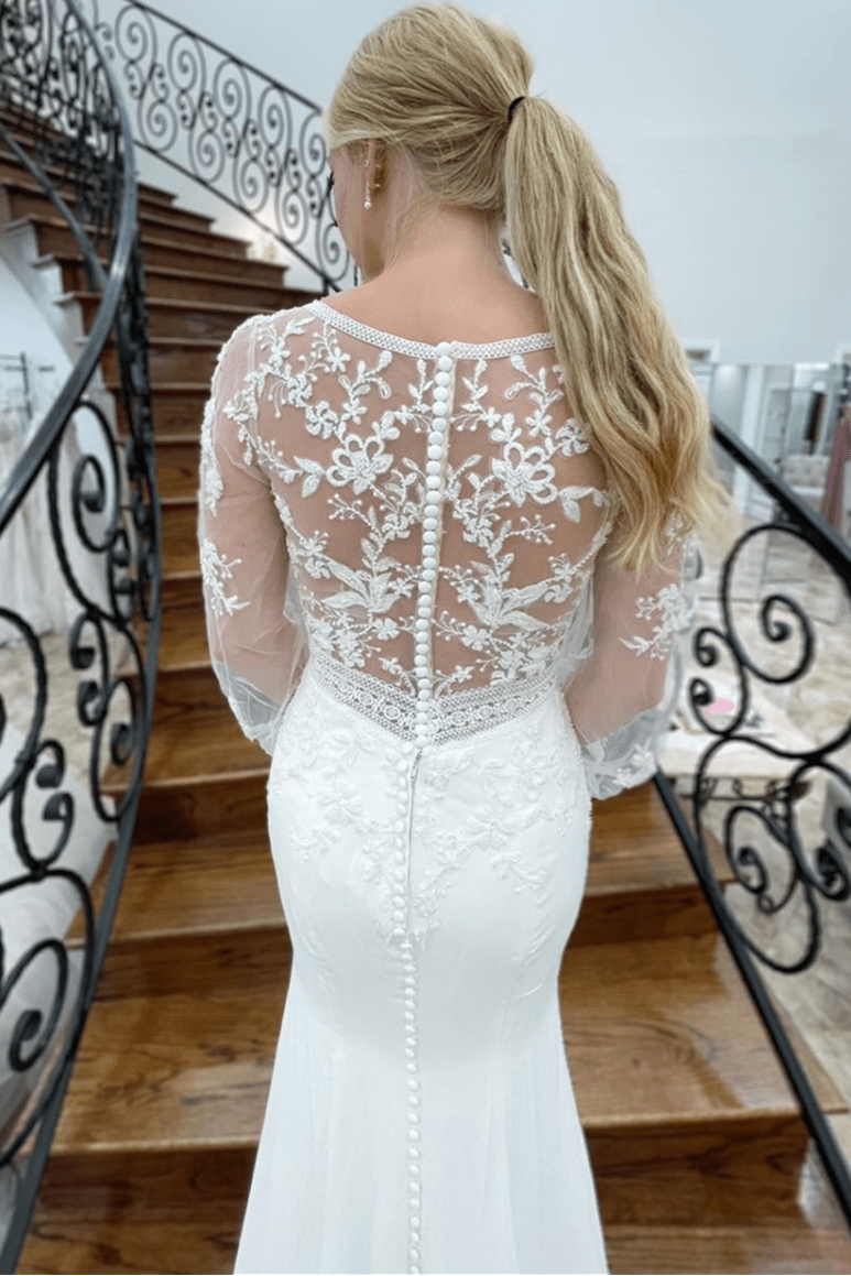 V-Neck Long-Sleeves Lace Applique Satin&Tulle Mermaid Wedding Dress with Sweep Train