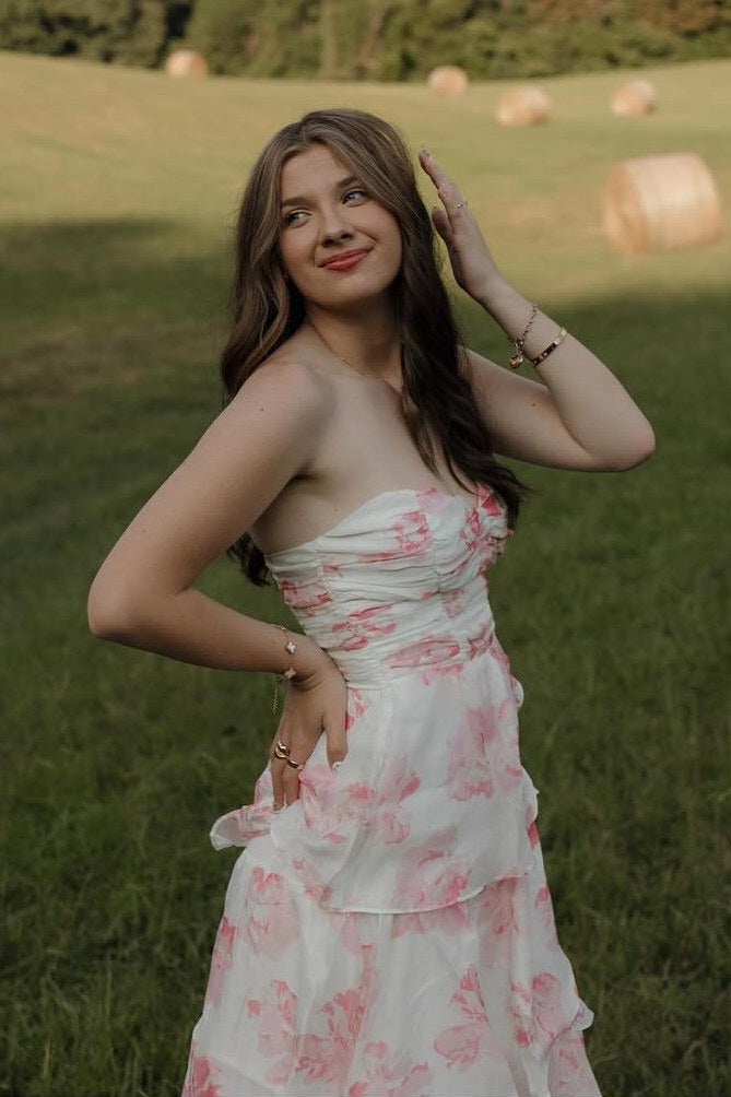 Sweetheart Sleeveless Floor-Length Print-Chiffon Pleated Tiered Long Fitted Prom Dress