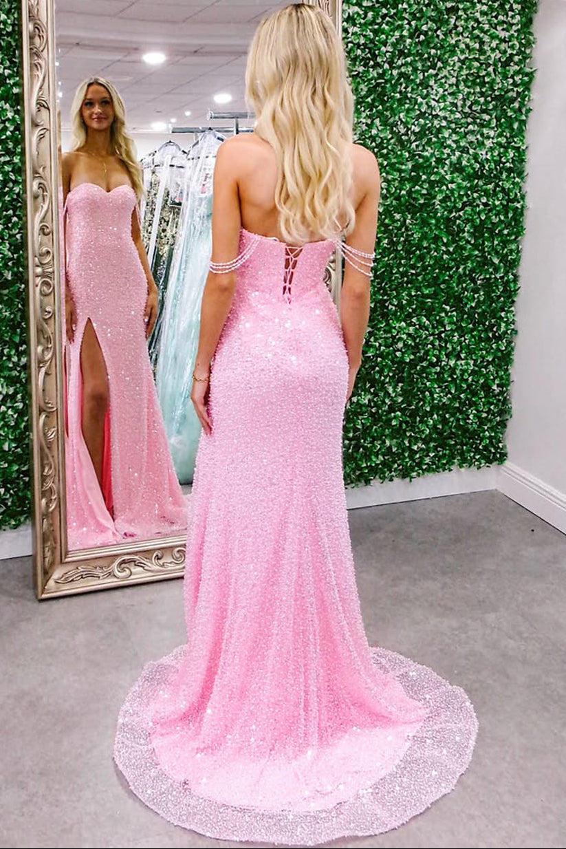 Off-Shoulder Sweetheart Fully Sequined Beaded Tulle Mermaid Prom Dress with Slit